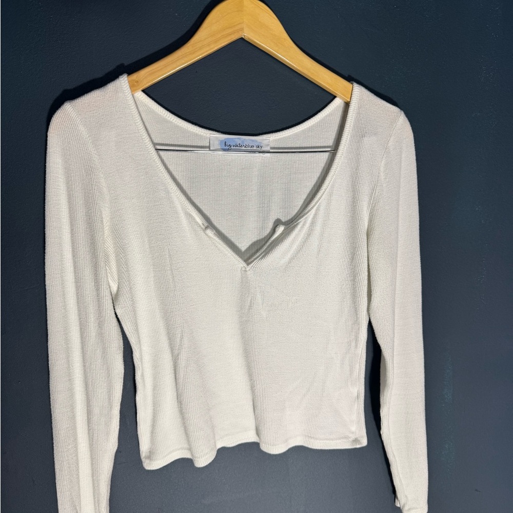 Brandy Melville Cream Long Sleeve V-Neck Top